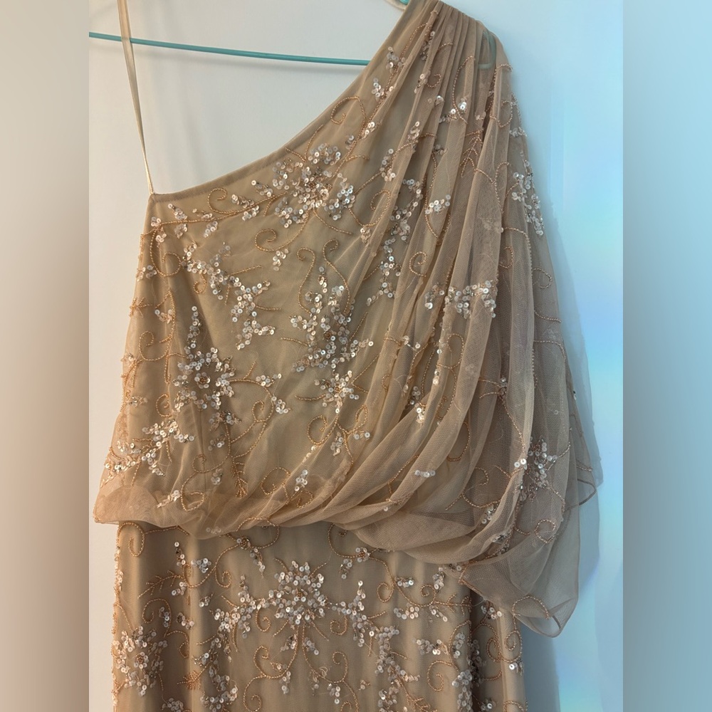 Adrianna Papell One-Shoulder Blush Beaded Gown size 12 - Picture 3 of 9